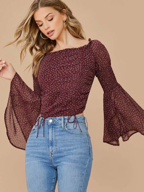 Flared Sleeve Floral Ruched Smocked Blouse | SHEIN USA Long Blouse Designs, Smocked Blouse, Wardrobe Goals, Smock Blouse, Flared Sleeves Top, Flowy Sleeves, Women Blouses, Vacation Outfits, Long Blouse