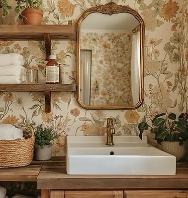 Cottagecore meets luxury in this dreamy bathroom 🍂✨. Florals, wicker, and brass accents make this space the perfect fall retreat! #vintagebathroom #vintagedecor #cottagecoreaesthetic #cottagecorestyle #bathroomstyle Small Cottagecore Bathroom, Bathroom Decor Cottagecore, Vintage Cottagecore Bathroom, Cottage Core Bathroom Remodel, Cottage Core Bathroom Aesthetic, Cottage Core Vanity, Cottagecore Aesthetic Bathroom, Cottagecore Bathroom Aesthetic, Cozy Cottage Bathroom