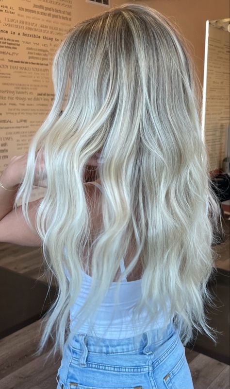 Full Highlight With Root Tap, Lived In Platinum Blonde, Bright Creamy Blonde Hair, Bright Blonde Hair With Dimension, Bright Blonde Hair With Shadow Root, Full Blonding, Lived In Bright Blonde, Bright Dimensional Blonde, Cool Toned Blonde Hair