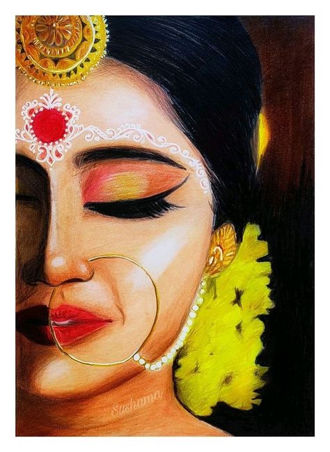 Portrait With Pencil Colour, Half Shiva Half Parvati Drawing, Beautiful God Drawing, Devi Painting Art, Oil Pestal Art, Indian Art Paintings Modern Indian Art Paintings, Monjolika Bhool Bhulaiya, Cute Project Ideas For School, Ganesh Art Paintings Beautiful