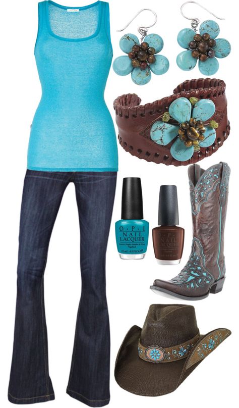 "Turquoise and Brown" by rikki1398 on Polyvore Brown And Blue Outfit, Rock Concert Outfit, Cowboy Stuff, Turquoise And Brown, Country Girls Outfits, Country Girl Style, Country Fashion, Country Rock, Green Aqua