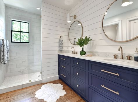 Navy Blue Bathrooms, Navy Bathroom, Wood Floor Bathroom, Blue Bathroom Vanity, Bath Cabinet, White Bathroom Designs, Contemporary Bathroom Sinks, Transitional Bathroom, Blue Cabinets