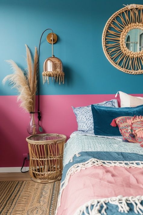 Pink Blue Yellow Aesthetic, Bright Blue Bedrooms, Pink Blue Bedroom, Bright Bedroom Colors, Hot Pink Bedding, Colored Bedroom, Pink Bookshelves, Blue And Pink Bedroom, Hot Pink Walls