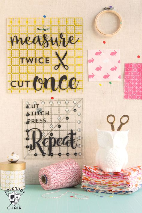 DIY Sewing and Quilting Decals for Quilt Rulers or to use as wall decor in a sewing room {includes link to free svg cut files}; cute sewing room decorating ideas Sewing Room Ideas, Quilt Rulers, Polka Dot Chair, Sewing Room Decor, Sewing Room Organization, Trendy Sewing, Diy And Crafts Sewing, Vinyl Gifts, My Sewing Room