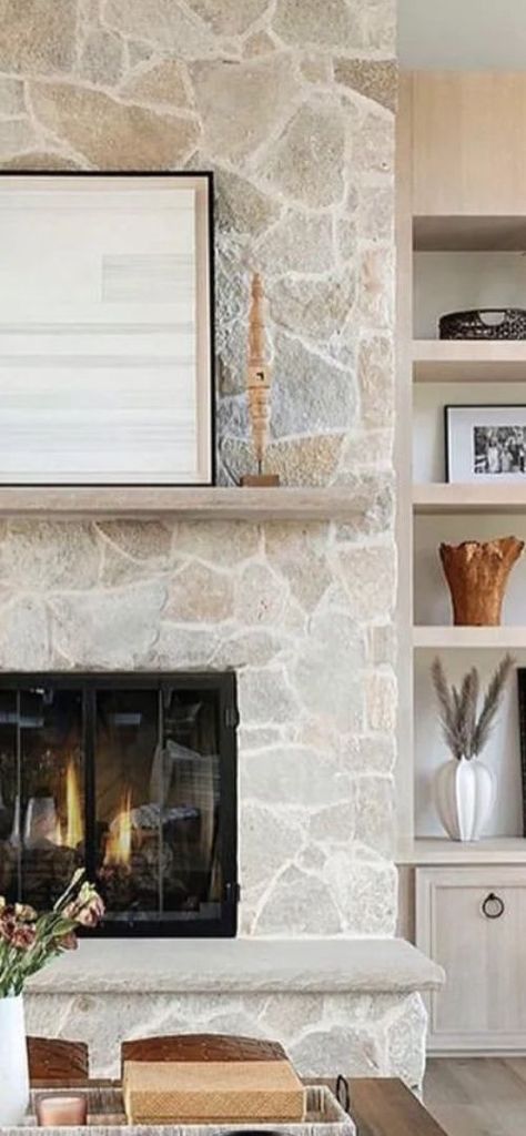 Whitewash Wood Mantle, Stone Faced Fireplace, Modern Rustic Fireplace Stone, Stone Fireplace With Limestone Mantel, Flag Stone Fireplace, Stone Fireplace White Mantle, Stone Fireplace Inspiration, Stone Fireplace With Stone Mantle, Wood Mantle Stone Fireplace