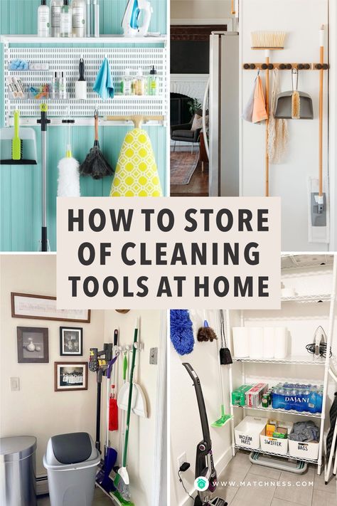 How To Hide Cleaning Supplies, Broom Cupboard Organisation, Storage For Cleaning Tools, Where To Store Cleaning Supplies, Storage Ideas For Cleaning Supplies, Organized Cleaning Supplies, Broom Storage Ideas, Broom Closet Organization, Cleaning Product Storage