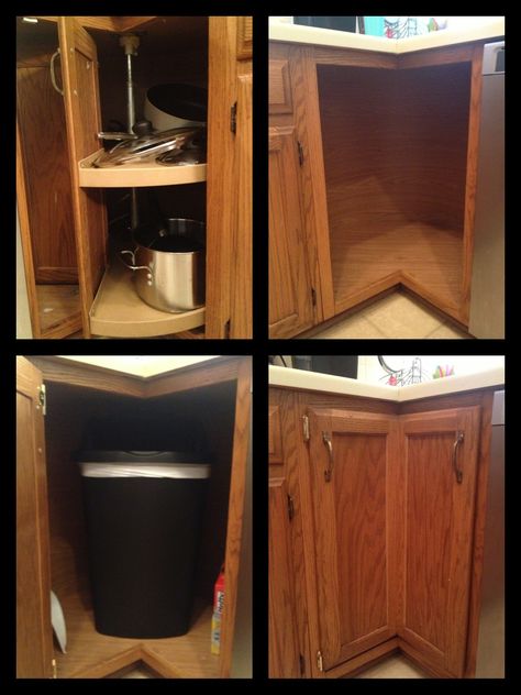 Broken lazy susan, turned into a trash can compartment. First remove broken lazy susan, then by hinges, & buy right size trash can. And that is all! Kitchen Corner Cabinet Ideas, Kitchen Cabinets Organization, Lazy Susan Corner Cabinet, Lazy Susan Cabinet, Kitchen Cabinet Layout, Kitchen Organization Ideas, Corner Kitchen Cabinet, Smitten Kitchen, Interior Colour