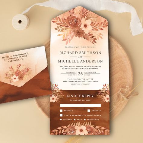 Rustic Fall Earthy Floral Burnt Orange Wedding All In One Invitation #zazzle #weddinginvitations #birthdayinvitations #babyshowerinvitations #zazzleinvitations #monogram #businesscards #graduation #homedecor Fall Deserts, Burnt Orange Wedding, Terracotta Wedding, Brown Wedding, Fall Wedding Invitations, Rsvp Postcard, Orange Wedding, Vintage Wedding Invitations, Event Details