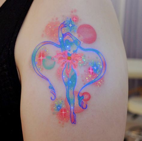 Pastel Tattoo, Tattoos 2023, Care Bear Tattoos, Tattoos Cute, Colorful Tattoos, Sailor Moon Tattoo, Princess Tattoo, Pink Tattoo, Funky Tattoos