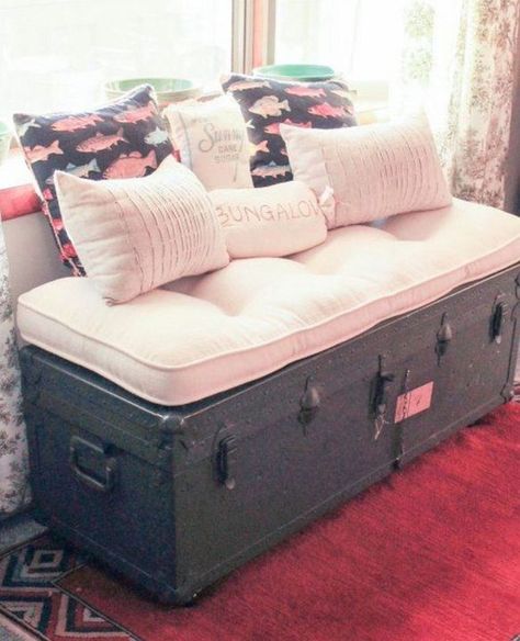 Suitcase Decor - Unusual Home Decor Ideas • One Brick At A Time Trunk Makeover, Bedroom Storage Ideas, Diy Pouf, Suitcase Decor, Vintage Side Tables, Diy Ottoman, Old Trunks, Unusual Home, Old Suitcases