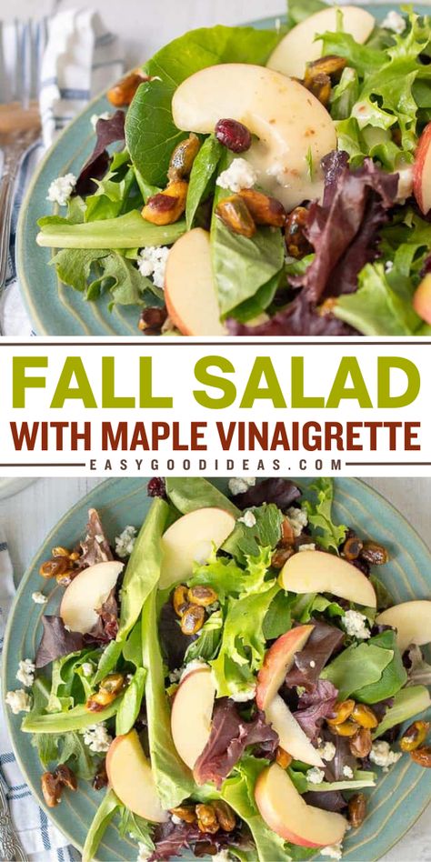 This Fall Salad with Maple Vinaigrette is an easy dinner party recipe that combines fresh greens, candied nuts, apples, cranberries, and blue cheese. Add this recipe to your easy Thanksgiving side dishes! Green Salad Recipes Thanksgiving, Fresh Sides For Thanksgiving, Green Salad Thanksgiving, Green Salads For Thanksgiving Dinner, Thanksgiving Green Salad Recipes, Green Salad Recipes For Parties, Easy Salads For Thanksgiving Dinner, Easy Thanksgiving Salad Recipes, Friendsgiving Salad