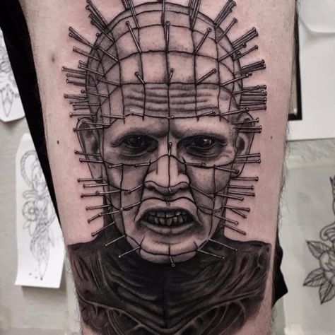 Pinhead Tattoo, Medium Tattoos, Horror Movie Tattoos, Movie Tattoo, Movie Tattoos, Explore Tattoo, Sick Tattoo, Portrait Face, Flash Tattoo Designs