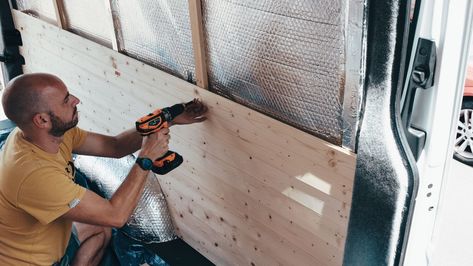 Pine Cladding the Walls: DIY Sprinter Van Conversion — OVERLANDING SOPHIA Van Conversion Walls, Pine Cladding, Van Build Ideas, Sprinter Conversion, Van Wall, Sprinter Van Conversion, Wood Cladding, Van Build, Broken Pieces