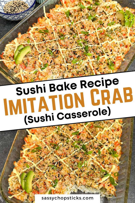 Enjoy your sushi game with layers of creamy avocado, imitation crab meat, and Japanese mayonnaise, all baked to perfection. Perfect for gatherings or cozy nights! Crab Meat Recipe, Crab Meat Dinner Recipes, Sushi Crab Bake, Bake Sushi Recipes, Sushi Casserole, Crab Sushi Bake, Crab Meat Recipes Easy, Imitated Crab Meat Recipes, Sushi Bake Crab