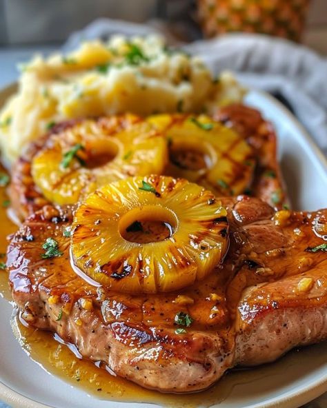 This is my hubby's kryptonite; he just can't resist asking for more Hawaiian Pork Chops Baked, Pork Chop Recipes With Pineapple, Applebutter Porkchops, Butterfly Pork Chops Recipe, Pineapple Pork Chops Baked, Port Chops Recipes Easy Dinners, Good Sides For Pork Chops, Taste Of Home Pork Chops, Pineapple Teriyaki Pork Chops