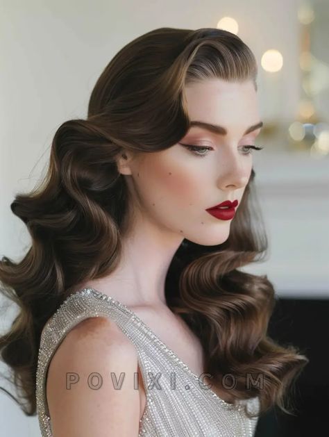 Hollywood Hairstyles 2024: 33 Vintage and Classic Ideas for Long, Short Hair Updos and More 1920s Wedding Hair Updo, 1920 Bridal Hair, Hollywood Glam Long Hair, Old Hollywood Long Hairstyles, Long Hair Glamour Styles, Hollywood Waves Fine Hair, Retro Waves Hairstyle, Hollywood Glamour Hair Updo, Vintage Pin Curls For Long Hair