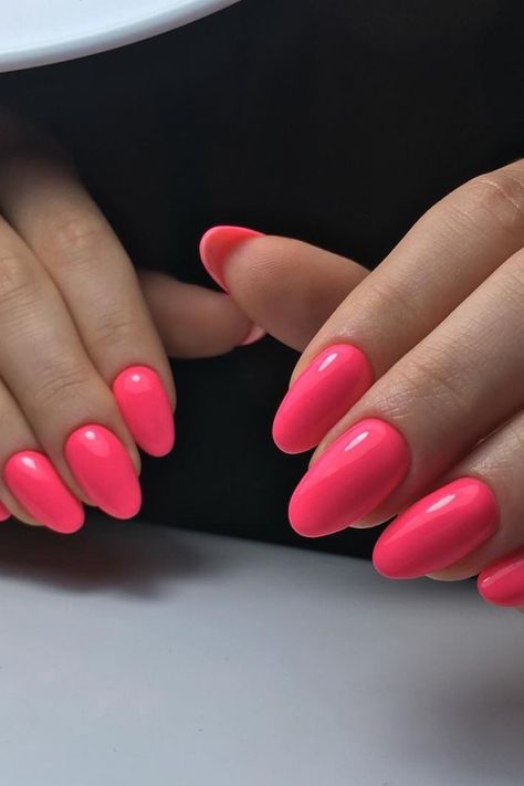 Hot Pink Oval Nails, Hot Pink Long Nails, Hot Coral Nails, Sabrina Nails, Valentines Day Nails Designs, 2024 Manicure, Pink Long Nails, Pink Oval Nails, Nails Snow