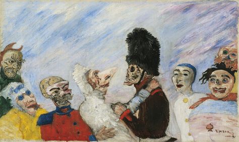 James Ensor 1860 - 1949 SQUELETTE ARRÊTANT MASQUES SIGNED ENSOR AND DATED 91 (LOWER RIGHT); OIL ON CANVAS. PAINTED IN 1891. signé Ensor et daté 91 (en bas à droite) huile sur toile  30,5 x 50,7 cm (dimensions du motif); 33 x 55 cm (dimensions du châssis) 12 x 19 15/16 in. ( dimensions of the pattern); 13 x 21 11/16 in. (dimensions of the stretcher) Peint en 1891. LOT SOLD. 7,357,500 EUR Sotheby’s. James Ensor, Japanese Woodcut, Art Moderne, A Group, Art Exhibition, Impressionism, Art History, Drake, Art For Sale