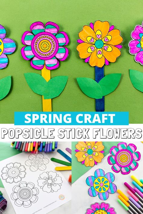 Pretty Popsicle Stick Flower Craft with Printable Template • Kids Activities Blog Popsicle Stick Flowers, Stick Flowers, Crafts Spring, Bomb Pop, Stick Crafts, Summer Crafts For Kids, Flower Craft, Popsicle Stick Crafts, Popsicle Stick