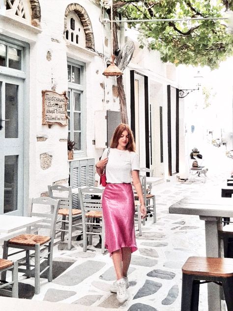 Pink Midi Skirt Outfit Aesthetic, Pink Slip Skirt Outfit Summer, Pink Silk Midi Skirt Outfit, Pink Satin Skirt Outfit Casual, Hot Pink Slip Skirt Outfit, Hot Pink Silk Skirt Outfit, Satin Pink Skirt Outfit, Silk Midi Skirt Outfit Summer, Pink Slip Skirt Outfit