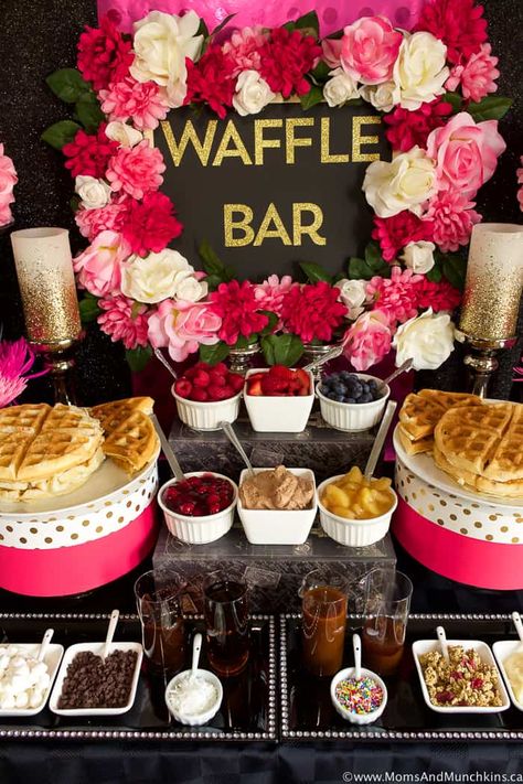 Waffle Bar Ideas, Brunch Bar, Waffle Bar, Girls Brunch, Breakfast Party, Birthday Breakfast, Baby Shower Brunch, Birthday Brunch, Mothers Day Brunch