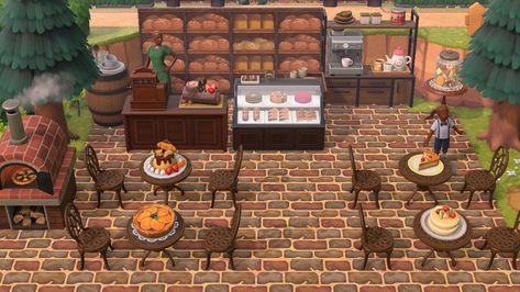 Bread Shop Animal Crossing, Animal Crossing Outdoor Bakery, Food Court Animal Crossing, Acnh Bakery Designs Outside, Outdoor Bakery Acnh, Acnh Outdoor Restaurant Ideas, Acnh Outdoor Restaurant Designs, Acnh Outdoor Coffee Shop, Outdoor Cafe Animal Crossing