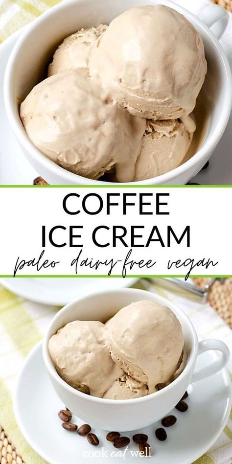 An easy dairy-free ice cream recipe with that classic coffee flavor. With just 5 ingredients this dairy-free coffee ice cream is vegan, paleo, gluten-free, and refined sugar-free. Healthy Coffee Ice Cream, Dairy Free Coffee Ice Cream, Non Dairy Ice Cream, Coffee Ice Cream Recipe, Ice Cream Vegan, Paleo Ice Cream, Dairy Free Coffee, Healthy Ice Cream Recipes, Ice Cream Maker Recipes