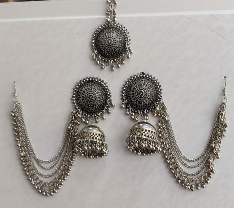 Oxidised Jewellery Indian Outfit, Silver Oxidised Jewellery Indian, Oxidised Jewellery Indian, Silver Oxidised Jewellery, Bahubali Earrings, Businesswoman Fashion, Minimalist Accessories Jewellery, Indian Wedding Jewelry Sets, Bridal Necklace Designs