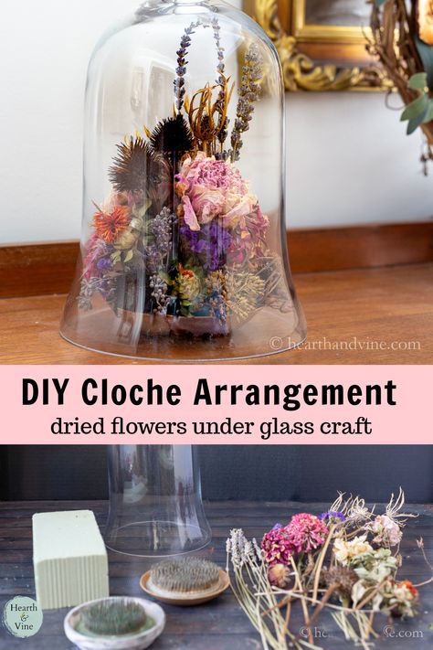 Dried Flower Cloche, Ideas With Dried Flowers, Freeze Dried Flowers, Flower Cloche, Dry Floral Foam, Cloche Decor, Glass Bell Jar, Diy Crafts For Teen Girls, Jar Display