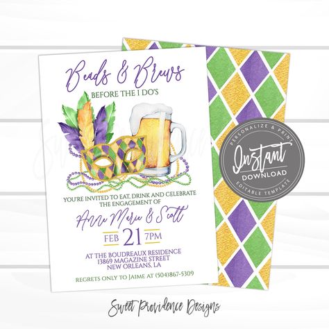 Mardi Gras Engagement Party Invitation, Editable Engagement Party Celebration template, Beads and Brews before I do Printable Instant Access by SweetProvidence on Etsy Mardi Gras Engagement Party, Mardi Gras Invitations, Celebration Invitations, Fox Wedding, Card Inspo, Name Place Cards, Cell Phone Screen, Engagement Parties, Mardi Gras Party