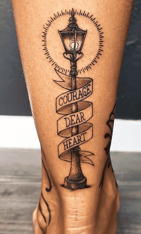 Lion The Witch And The Wardrobe Tattoo, Narnia Lamp Post Tattoo, Aslan Tattoo Narnia, Chronicles Of Narnia Tattoo, Narnia Tattoo Ideas, Narnia Tattoo, Narnia Lamp Post, Narnia Art, Lil Tattoos