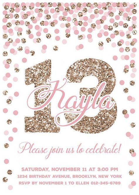 Pink And Rose Gold Confetti Birthday Invitation Girl 13th | Etsy Girl 13th Birthday, Birthday Invitations Pink, Pink And Gold Invitations, 10th Birthday Invitation, 13th Birthday Invitations, Confetti Invitation, Invitations Pink, Glitter Birthday Parties, Personalized Confetti