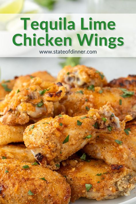 These oven-baked tequila lime chicken wings are crispy on the outside and bursting with zesty citrus flavor on the inside. An easy marinade of lime juice, tequila, and spices infuses the wings with lots of flavor in minimal time. Margarita Chicken Wings, Tequila Chicken Wings, Lime Wings, Honey Lime Chicken Wings, Applebees Tequila Lime Chicken Recipe, Tequila Lime Chicken Wings Air Fryer, Tequila Lime Chicken Recipe, Tequila Chicken, Margarita Chicken