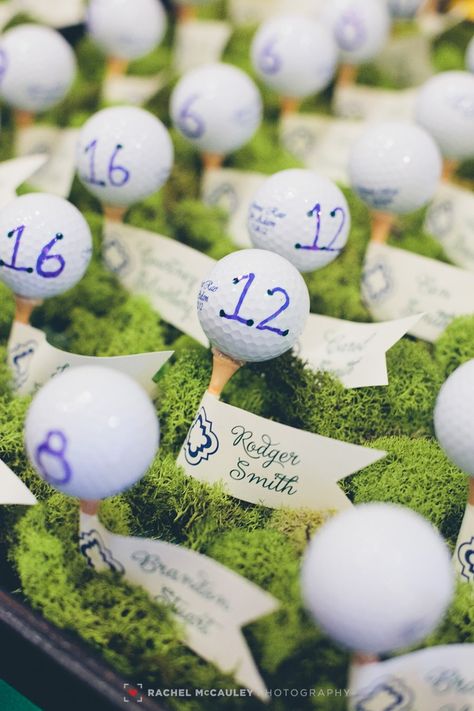 Wedding Theme: A Hole in One | The Newport Bride | Golf Themed Wedding Golf Tee Place Card Holder, Wedding Golf Balls, Golf Ball Seating Chart, Golf Wedding Theme, Golf Resort Wedding, Golf Birthday Gifts, Golf Ball Crafts, Golf Wedding, Party Hardy