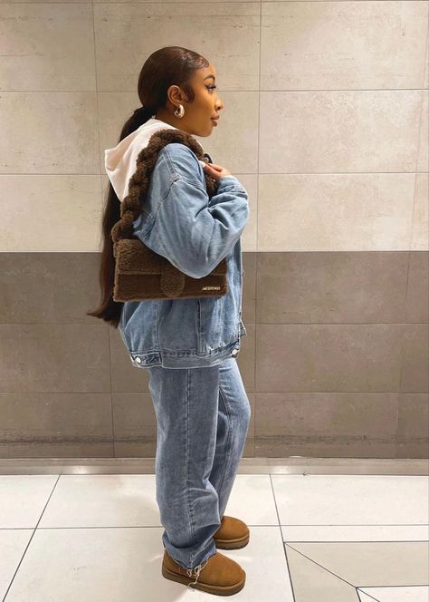 Jean Jacket Winter Outfits, Winter Fits Black Women, Denim On Denim Outfit Winter, Fasion Outfits, Cute Comfy Outfits, Streetwear Fashion Women, Cute Swag Outfits, Mode Inspo, Cute Simple Outfits