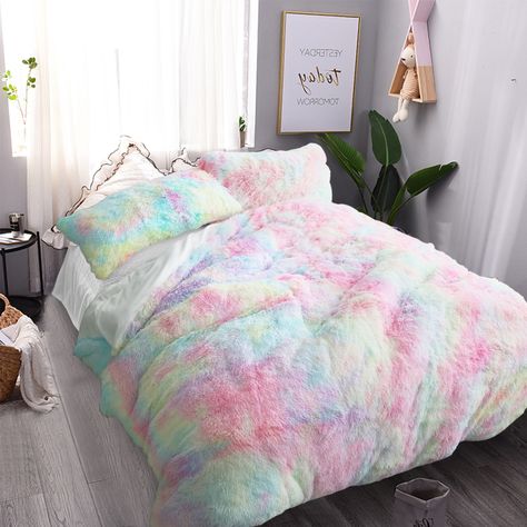 Blessliving 3 Pieces Shaggy Fluffy Faux Fur Duvet Cover Set Queen Size, Tie Dyed Rainbow Pink Crystal Velvet Bedding Set Comforter Cover with Pillowcases - Walmart.com Dragon Sky, Black Comforter Sets, Green Comforter Sets, Sky Room, Princess Bedding Set, Fur Comforter, Tie Dye Bedding, Rainbow Bedding, Fluffy Comforter