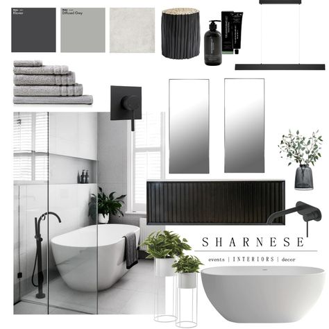 Sleek and Contemporary Bathroom Mood Board designed by @Sharnesinteriors. Mood Board For Bathroom Design, Contemporary Bathroom Mood Board, Mood Board Master Room, Contemporary Interior Design Style Mood Board, Contemporary Bedroom Mood Board, Mood Board For Bathroom, Contemporary Style Mood Board, Modern House Mood Board, Interior Design Mood Board Bathroom