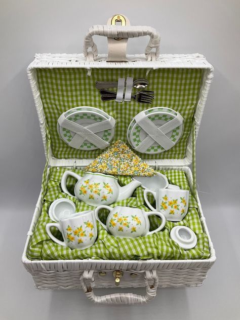 Social Manners, Vintage Kids Toys, Tea Party Tea, Gingham Tablecloth, Swirl Lollipops, Miniature Tea Set, Porcelain Tea Set, Printed Napkins, White Wicker