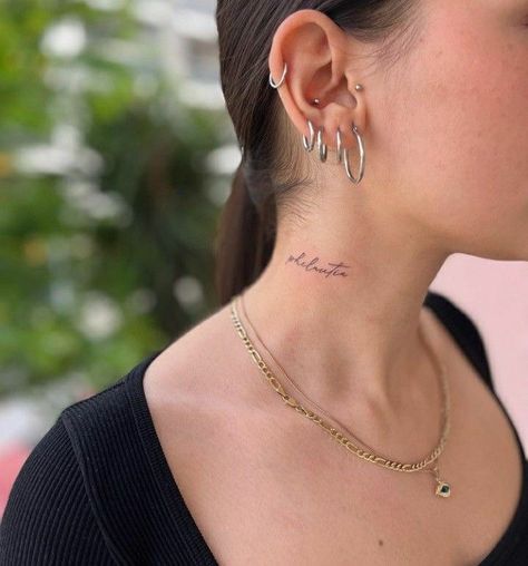 Neck Tattoos Women Name, Small Name Neck Tattoos, Name Tattoo Neck, Name Tattoo On Neck, Neck Script Tattoo, Diana Tattoo, Word Neck Tattoos, Husband Name Tattoos, Name Tattoos On Neck