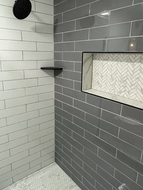 Neutral Primary Bath Flip - Kitchens X Sjk Dark Grey Subway Tile, Bathroom Design White, Grey Slate Tile, Black Shower Head, Star Wars Bathroom, Gray Shower Tile, Black Subway Tiles, Bathroom Niche, Dark Brown Cabinets