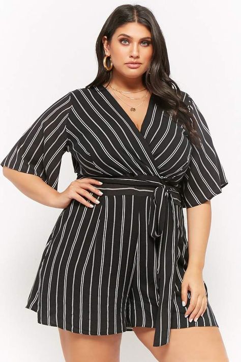 Forever 21 Plus Size Striped Surplice Belted Romper Plus Size Tips, Black Pleated Dress, Belted Romper, Older Women Fashion, Women Fashion Edgy, Big Girl Fashion, Plus Size Models, Womens Black Dress, Plus Size Jeans