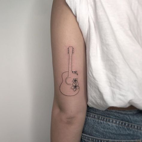 Small Guitar Tattoo, Jj Tattoo, Ukulele Tattoo, Grandpa Tattoo, Guitar Tattoo Design, Lyric Tattoos, Guitar Tattoo, Music Tattoo Designs, Bff Tattoos