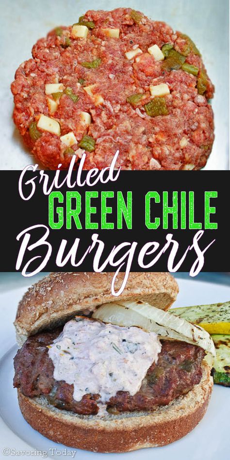 Green Chili Burgers, Green Chili Burger, Chili Burgers, Grilled Burger Recipes, Chili Burger, Sweet Onions, Grilled Burgers, Grilled Onions, Gourmet Burgers