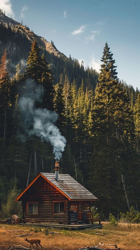 Cozy wooden cabin in the forest with smoke coming out of the chimney, surrounded by pine trees and a deer grazing in front. Ideal mountain retreat for relaxation and seclusion. Cabin In The Forest, Cozy Cabin In The Woods, Woodland Retreat, Forest Retreat, Wooden Cabin, Cabin Retreat, Lush Forest, Dream Life House, Mountain Getaway