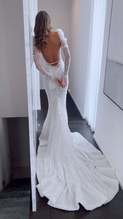 White Crystal Wedding Dress, Long Sleeve Long Train Wedding Dress, Back Detail Wedding Dress, Beaded Long Sleeve Wedding Dress, Beaded Wedding Dress, Beaded Wedding Gowns, Intricate Beading, Stylish Wedding Dresses, Dream Wedding Ideas Dresses