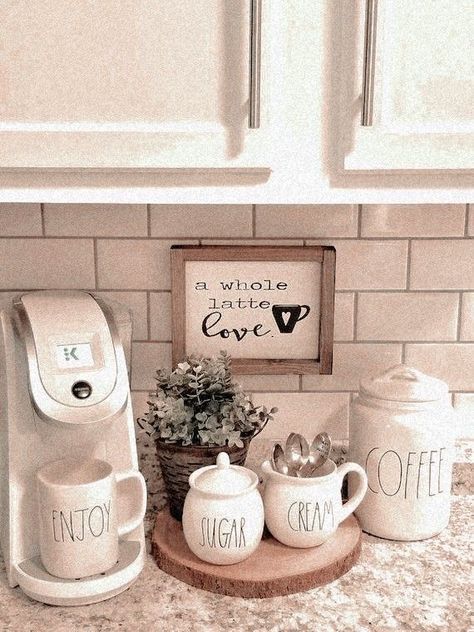 Fall Kitchen Decor Ideas, Coffee Station Kitchen, Kitchen Countertop Decor, Coffee Bar Station, Coffee Stations, Tea Station, Coffee Bar Design, Home Coffee Stations, Countertop Decor