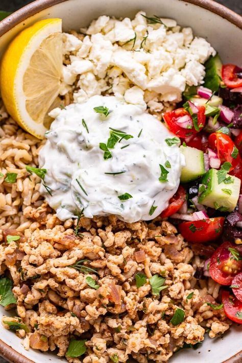 Lemon Dill Rice, Mediterranean Chicken Bowl, Greek Chicken Bowls, Dill Rice, Greek Orzo Salad, Mediterranean Bowls, Chicken Bowl Recipe, Greek Chicken Recipes, Chicken Bowls