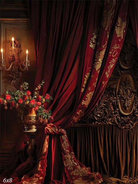 Opulent Velvet Photography Backdrop - Photography backdrop featuring rich red velvet curtains Luxury Red Bedroom Design, Red Elegant Aesthetic, Gold Vintage Bedroom, Deep Red Bedroom, Red Bedroom Design, Red Velvet Curtains, Room Backdrop, Amazing Backgrounds, Opulent Bedroom