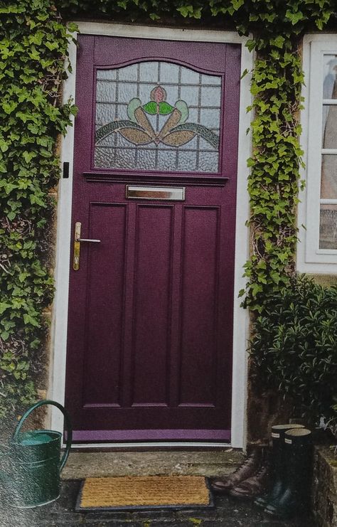 Purple House Door, Aubergine Front Door, Plum Front Door, Purple Front Door Colors, Purple Front Door Green House, Dark Purple Front Door, Purple Doors Front House, Green House Purple Door, Maroon Front Door Burgundy