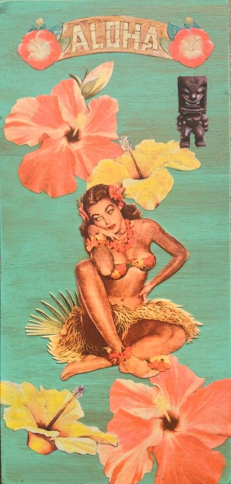 Wood Collage, Hawaiian Dancers, Polynesian Art, Tiki Tiki, Hawaii Art, Tiki Art, Pin Up Girl Vintage, Vintage Tiki, Hawaiian Art